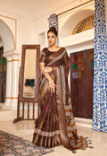 Dark Brown Patta Poly Cotton Floral Printed Saree With Unstitched Blouse Piece - Shades | Grocsy