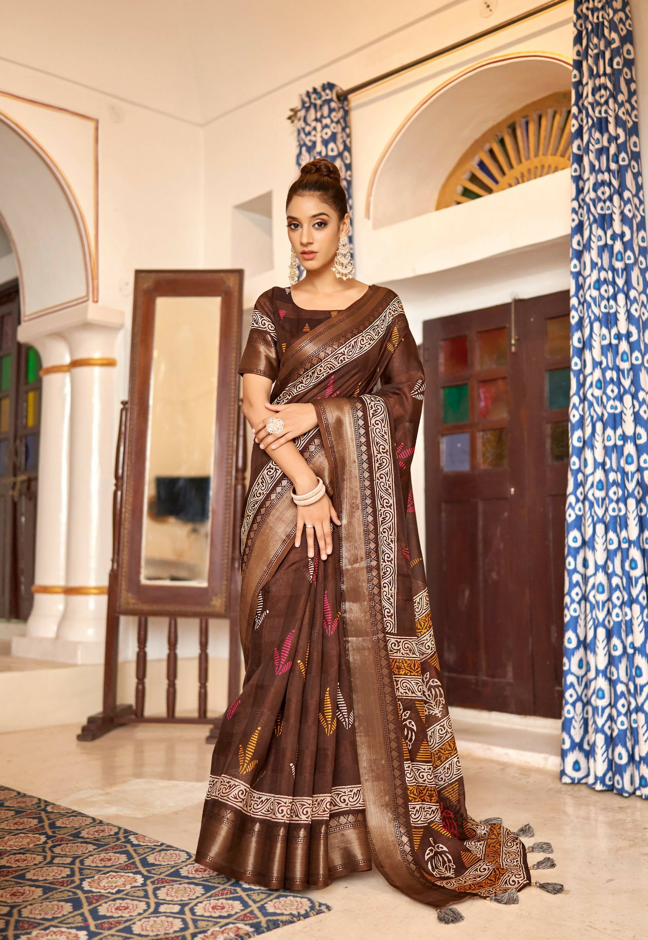 Dark Brown Patta Poly Cotton Floral Printed Saree With Unstitched Blouse Piece - Shades | Grocsy