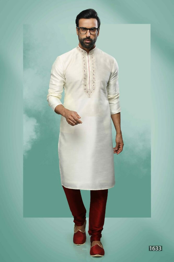 Raivat Ethnic Art Silk Mirror Embroidery Work Kurta Pajama In Cream Colour | Grocsy