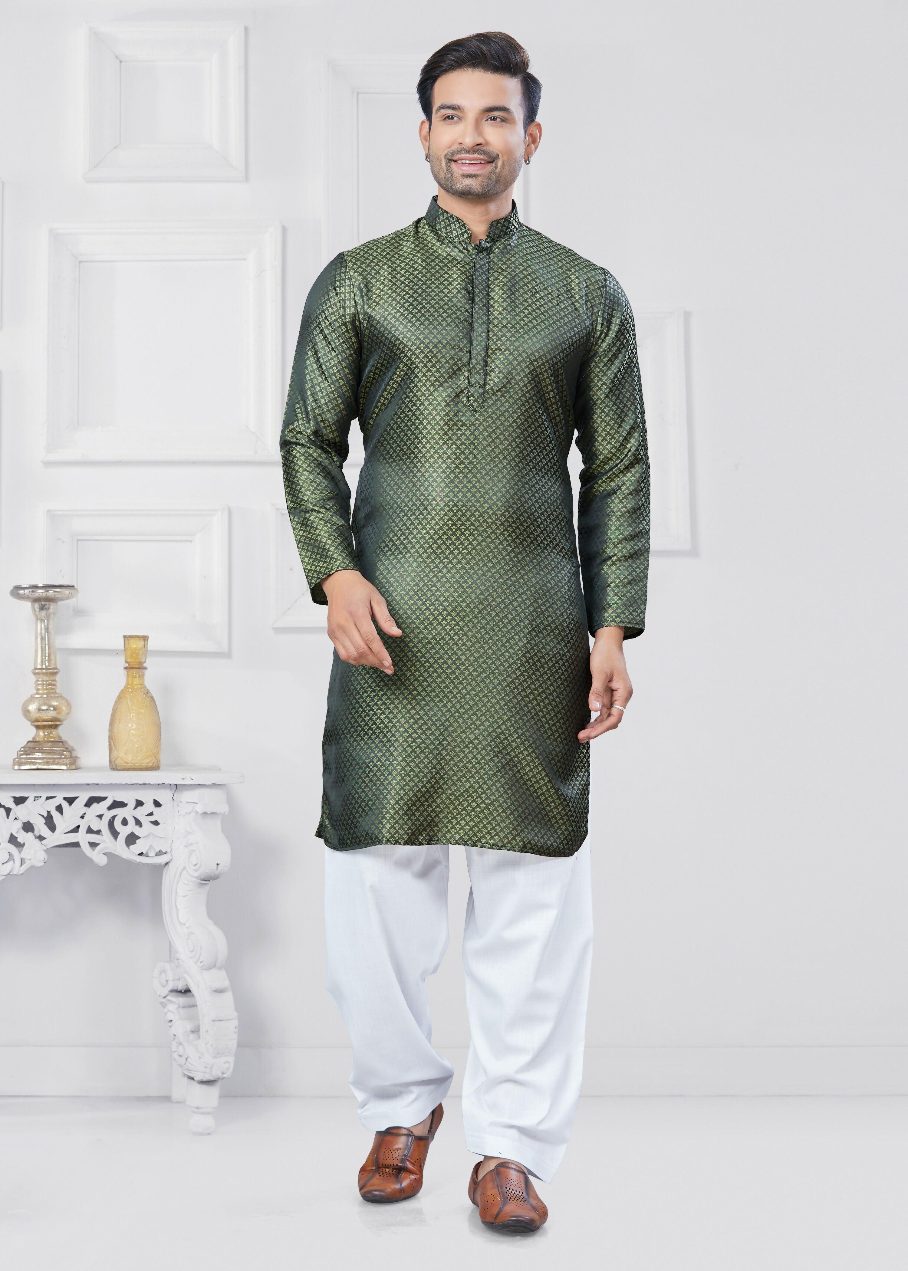 Joban Fashion Men's Jacquard Silk Green Printed Kurta Pyjama set | Grocsy