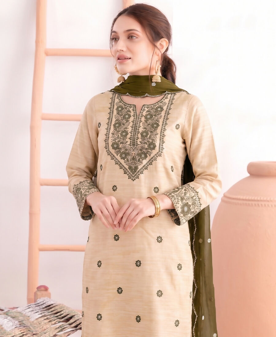 KC Khadi Cotton White Suit With Mahendi Dupatta 3 Piece Pair For Women | Grocsy
