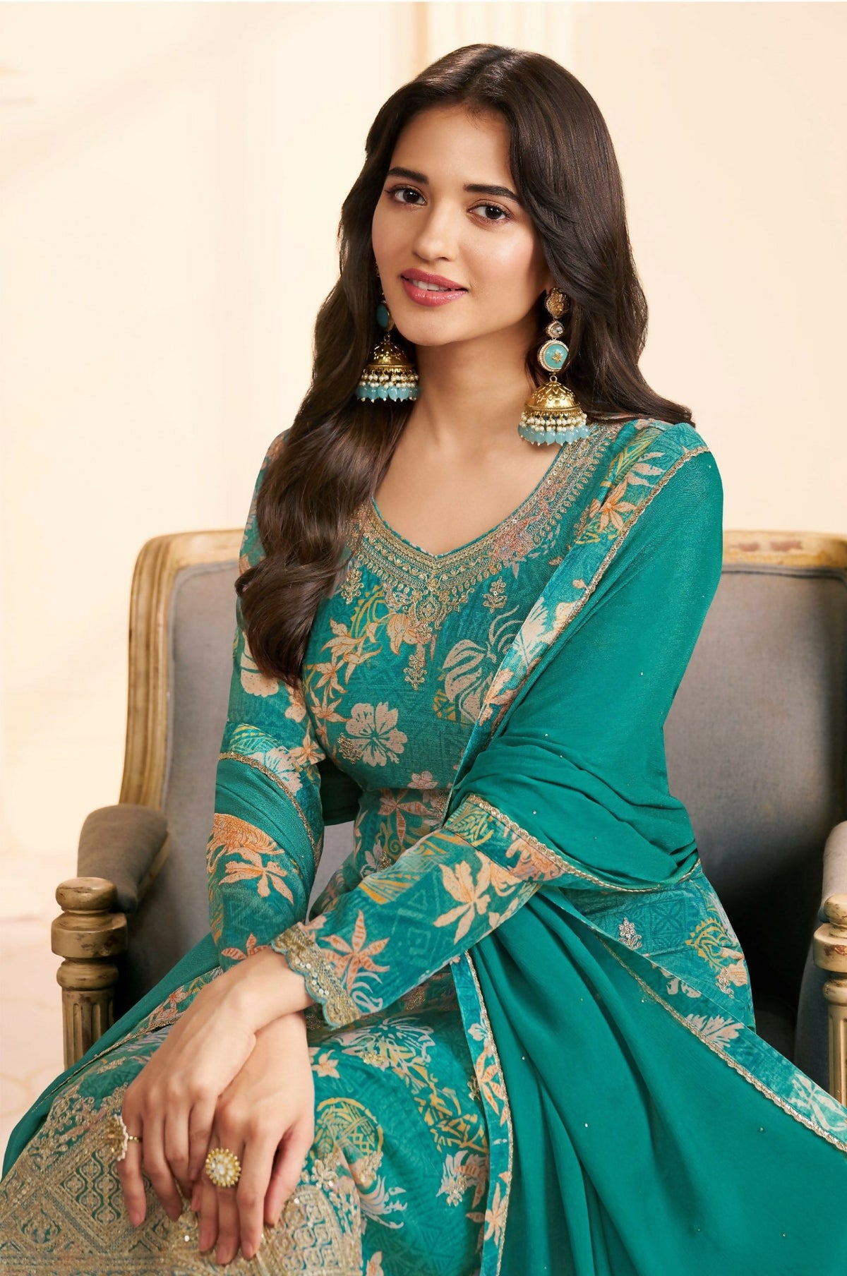 Anaita Teal Green Chinon Stitched Suit with Multi Digital Print | Grocsy