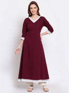 Myshka Women's Burgandy Printed Cotton Full Sleeve V Neck Casual Kurta Dupatta Set | Grocsy