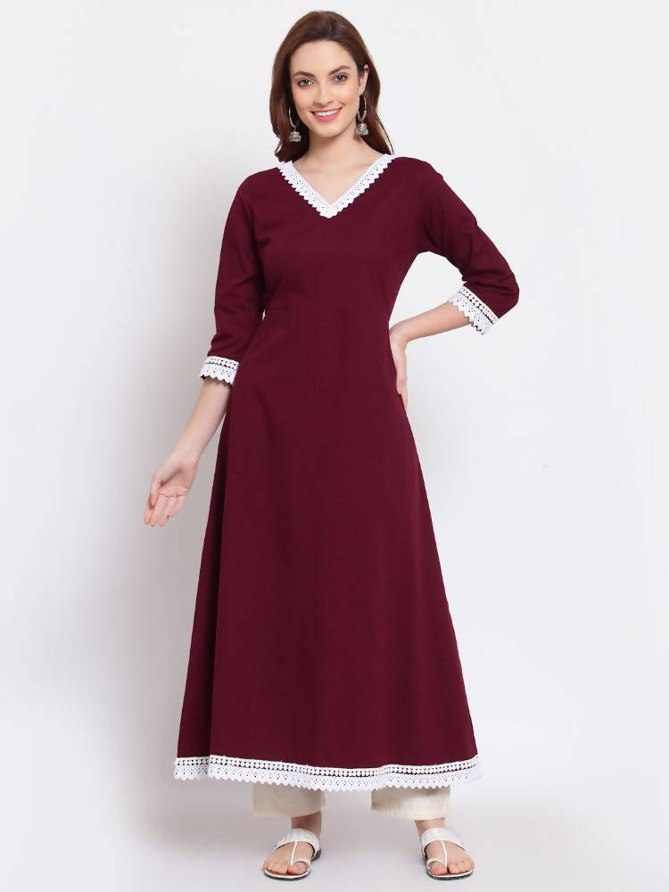Myshka Women's Burgandy Printed Cotton Full Sleeve V Neck Casual Kurta Dupatta Set | Grocsy