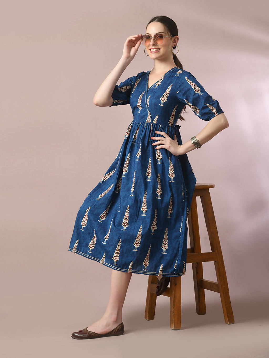 Myshka Women's Blue Printed Cotton V-Neck Empire Party Dress | Grocsy