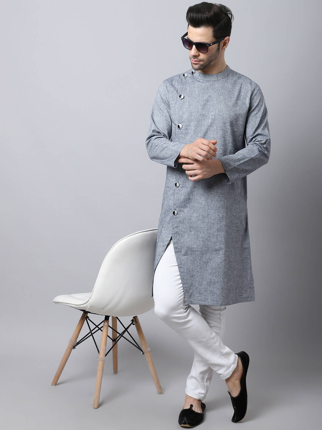 Even Apparels Grey Pure Cotton Sherwani Men's Kurta With Asymetrical Cut | Grocsy