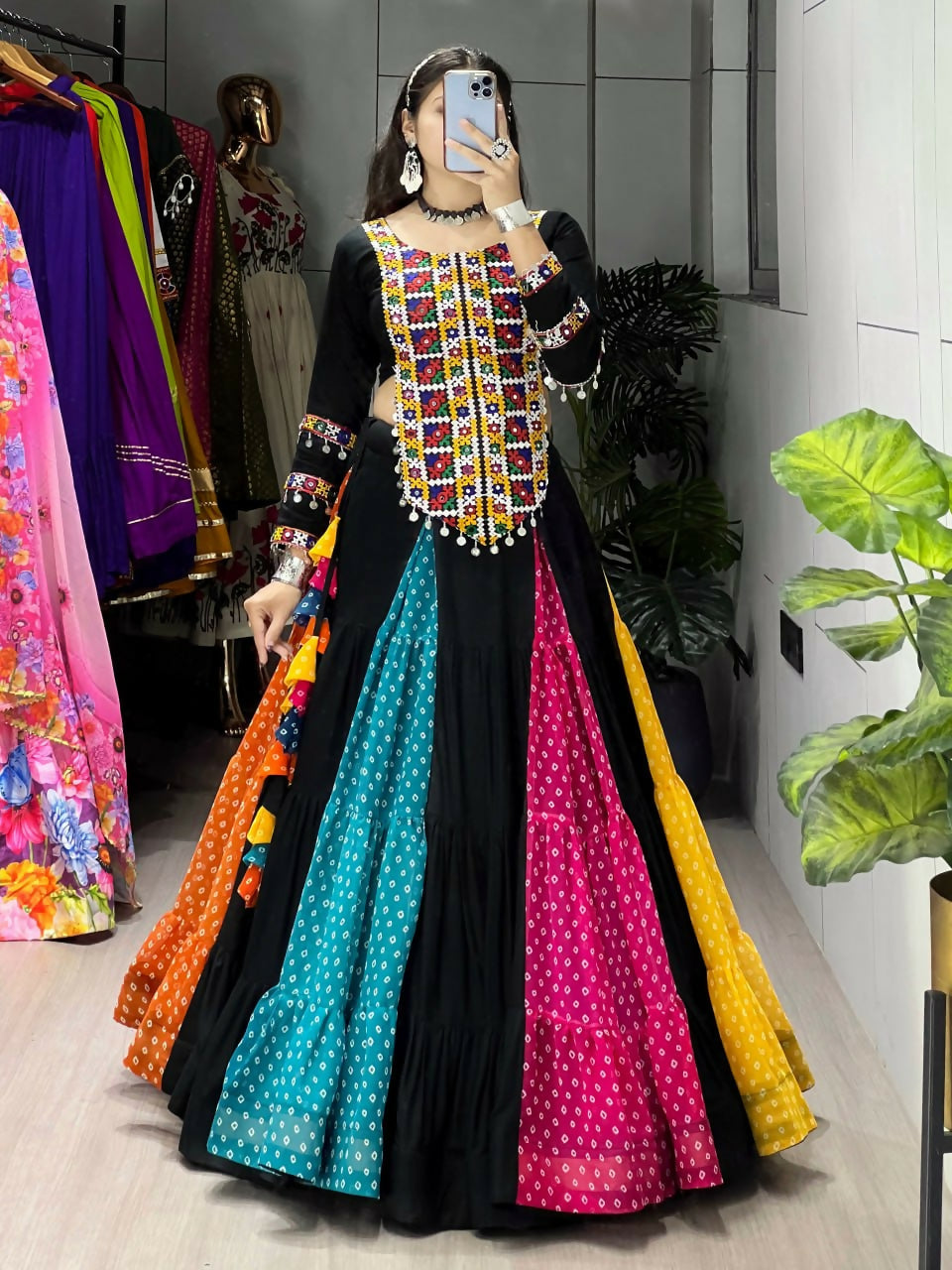 Yash Enterprise Multicolor Rayon Cotton Embroidery Semi Stitched Navratri Chaniya Choli | Grocsy