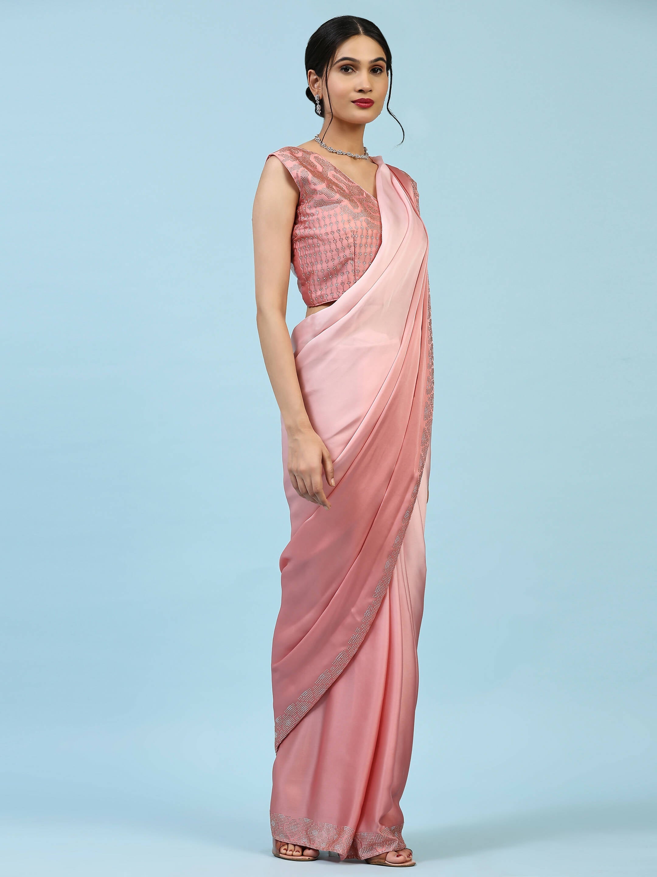 Peach Ombre Satin Georgette Plain Ready to wear Saree with stitched Blouse - Vrinda | Grocsy