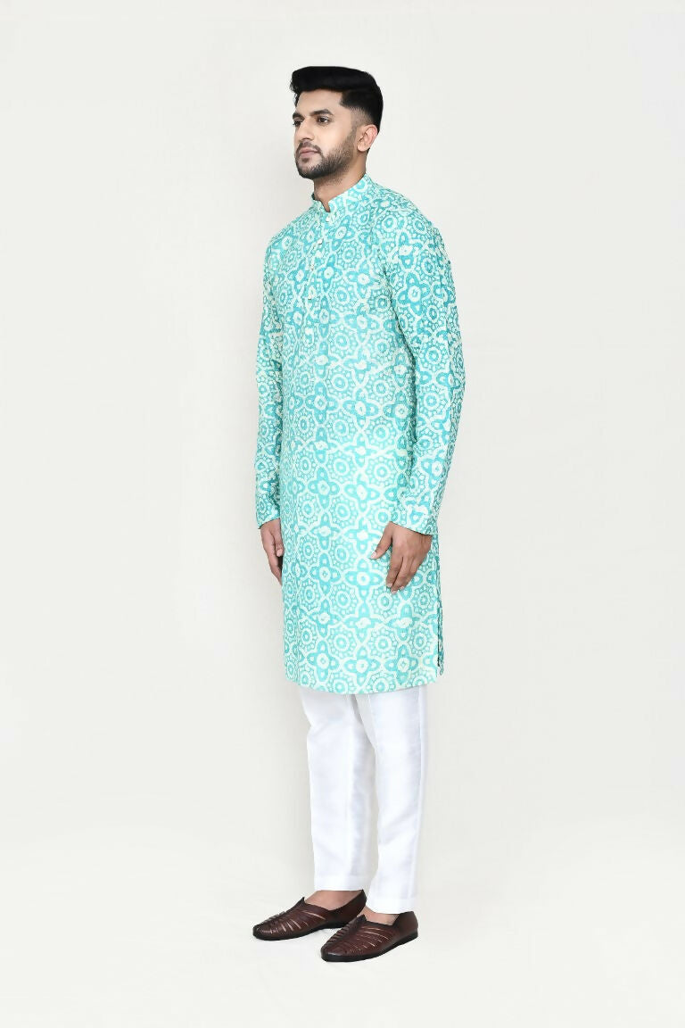 Joban Fashion Blue Colored Rayon Fabric Kurta With Straight Fit Pant | Grocsy