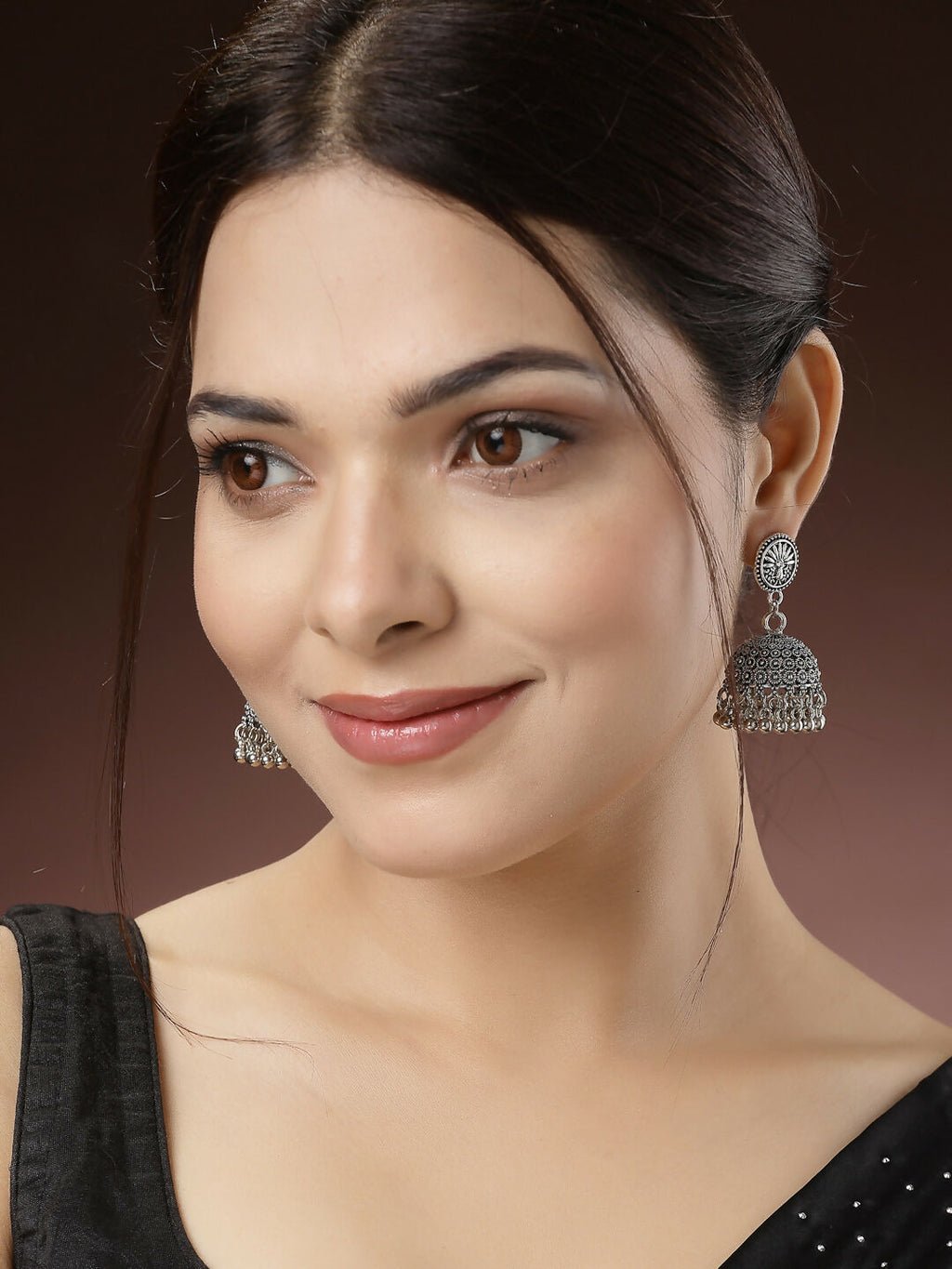 NVR Women's Silver-Toned German Silver Oxidised Dome Shaped Jhumka Earrings | Grocsy
