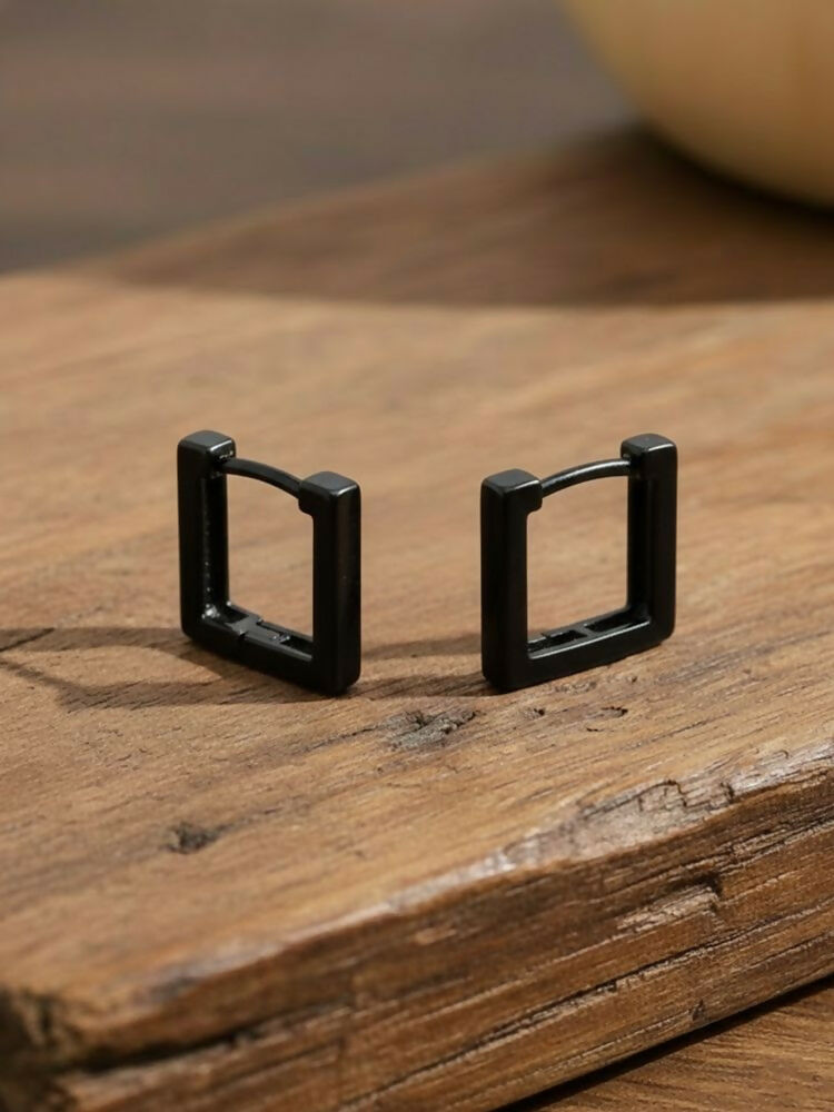 NVR Men's Black Rhodium Plated Geomatric Shaped Hoop Earrings | Grocsy
