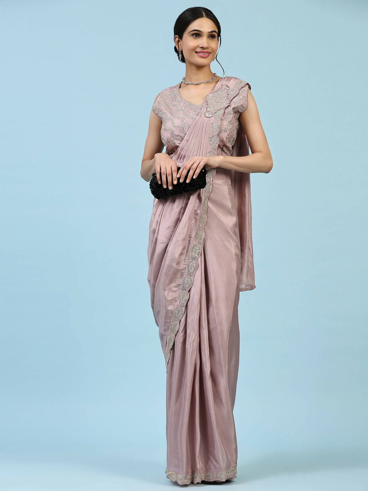 Lavendar Silk Satin Plain Ready to wear Saree with stitched Blouse - Vrinda | Grocsy