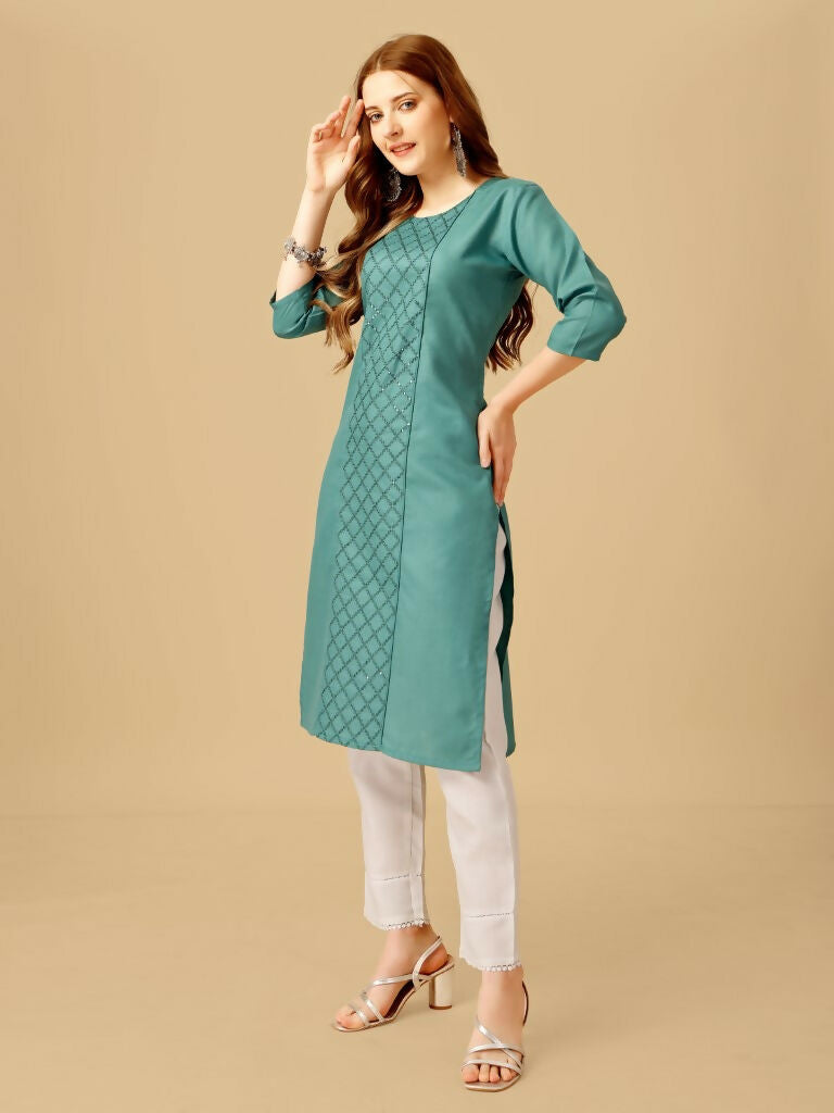 Jyoti Fashion Women's Teal Cotton Blend Embroidered Kurta Pant Set | Grocsy