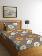 KLOTTHE Brown & Yellow Floral 210 TC Cotton Bedsheet with Pillow Cover | Grocsy