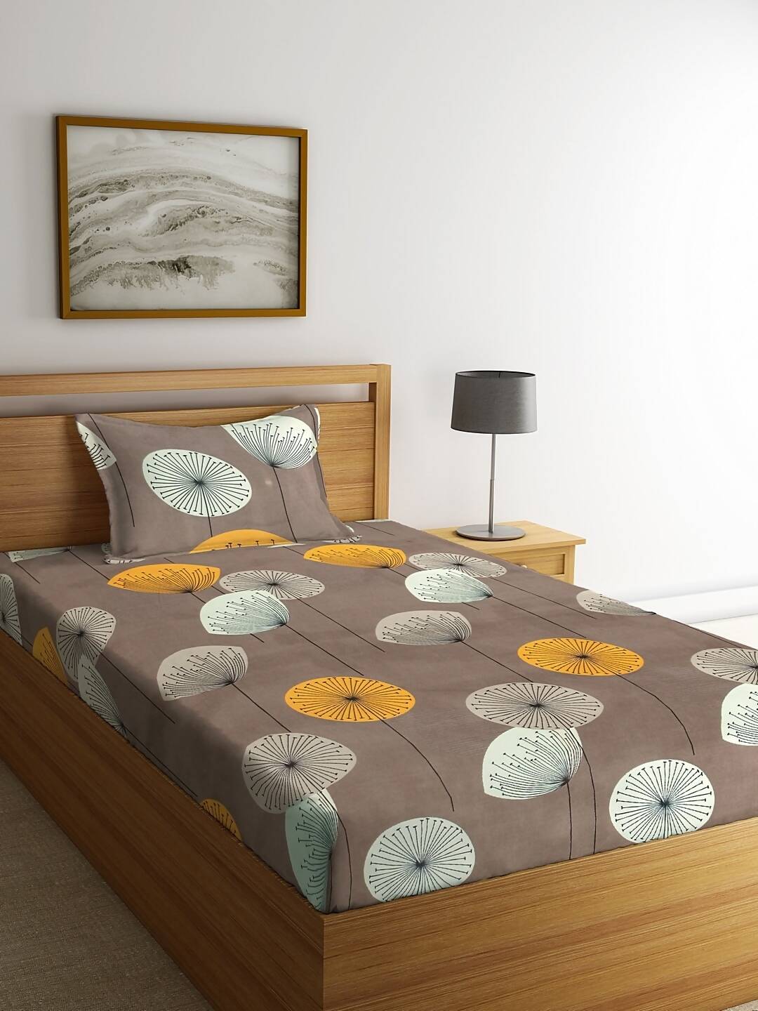 KLOTTHE Brown & Yellow Floral 210 TC Cotton Bedsheet with Pillow Cover | Grocsy