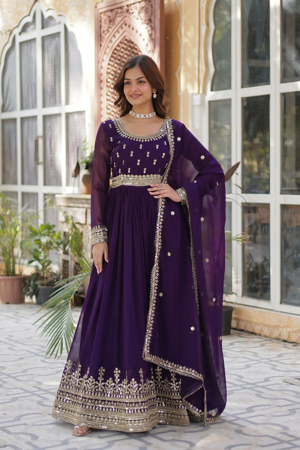 Joban Fashion Purple Georgette Sequence Embroidery Work Kurta Set | Grocsy