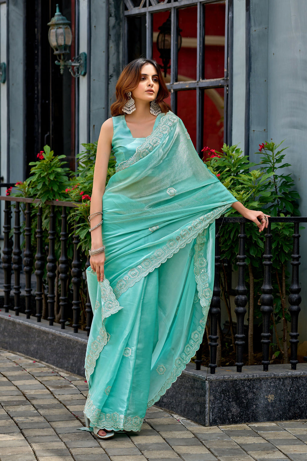 Vastranavya Turquoise Embroidery Work Shimmer Chiffon Saree with Unstitched Blouse | Grocsy
