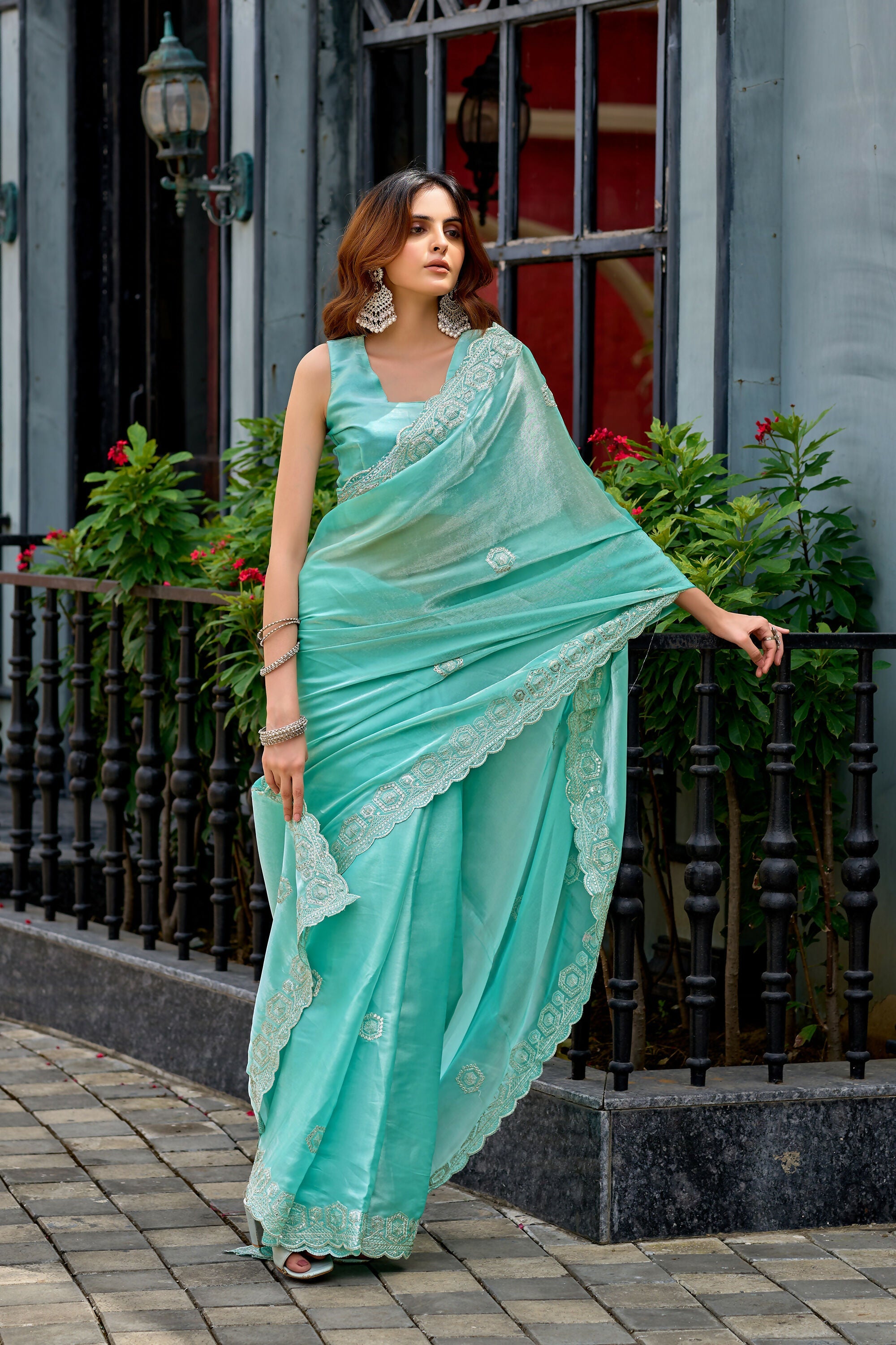 Vastranavya Turquoise Embroidery Work Shimmer Chiffon Saree with Unstitched Blouse | Grocsy