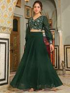 Janasya Dark Green Georgette Embroidered Top & Skirt | Grocsy