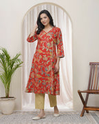 Vaasva Women Red Cotton Angrakha Kurta With Pant | Grocsy