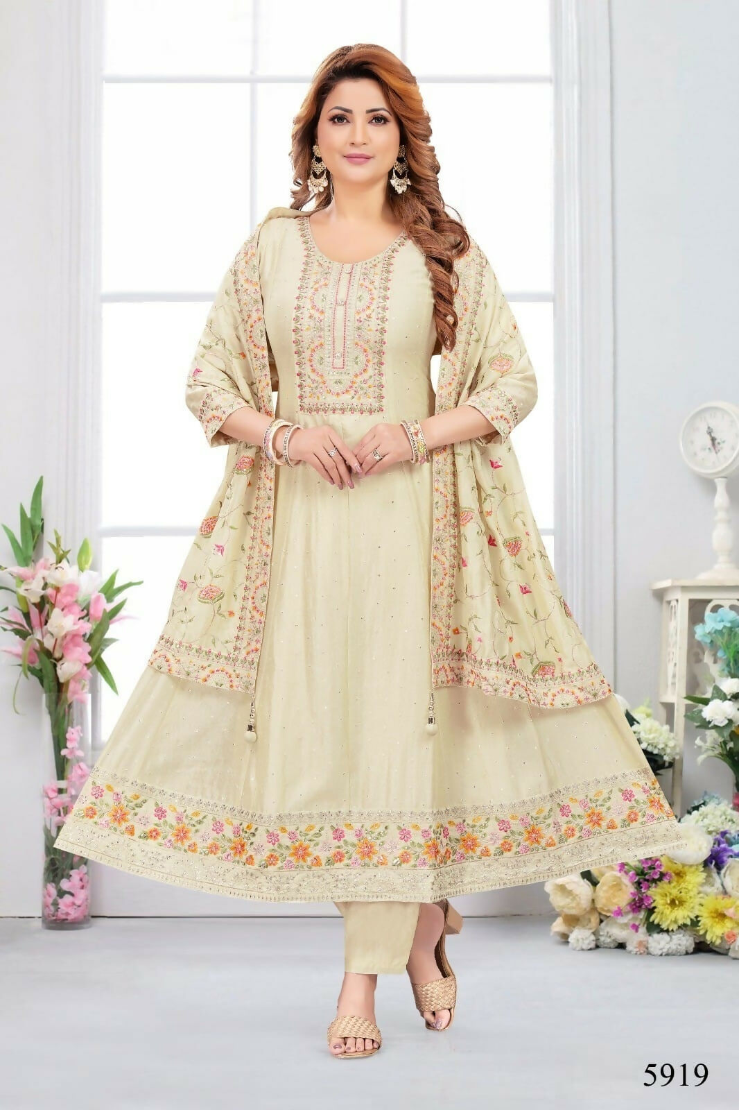 Joban Fashion Chinon Silk Cream Color Kurta Set | Grocsy