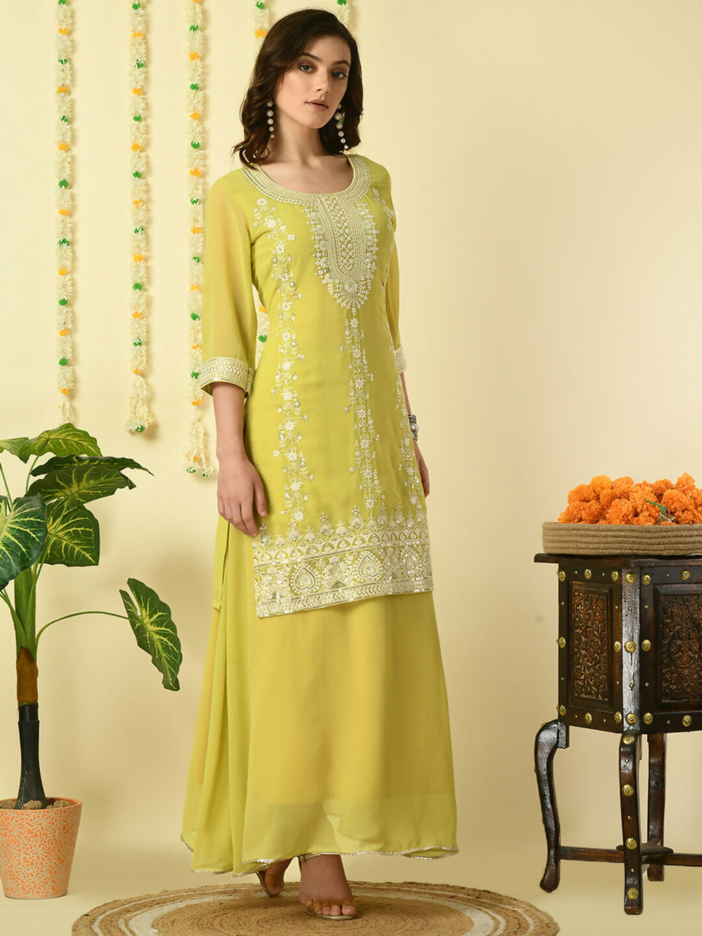 Myshka Women's Yellow Georgette Kurta & Skirt With Dupatta Party Sets | Grocsy
