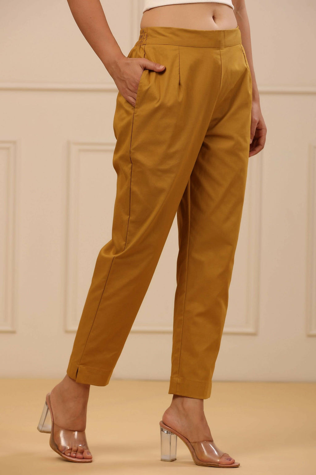 Juniper Women's Mustard Cotton Spendex Solid Straight Pant | Grocsy