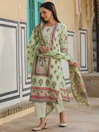 Juniper Women's Lime Green Cambric Floral Placement Printed Straight Fit Kurta Sets | Grocsy