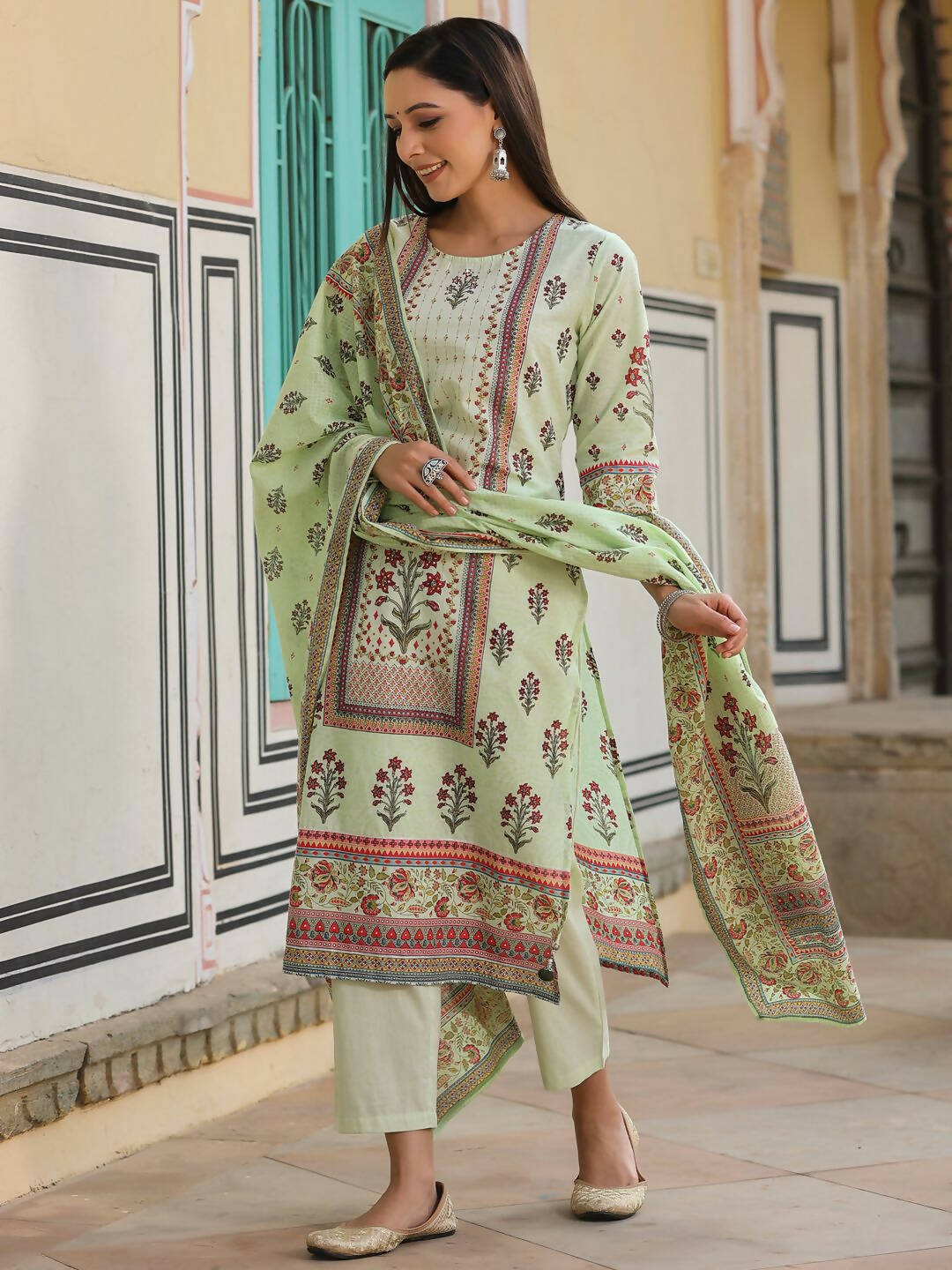 Juniper Women's Lime Green Cambric Floral Placement Printed Straight Fit Kurta Sets | Grocsy