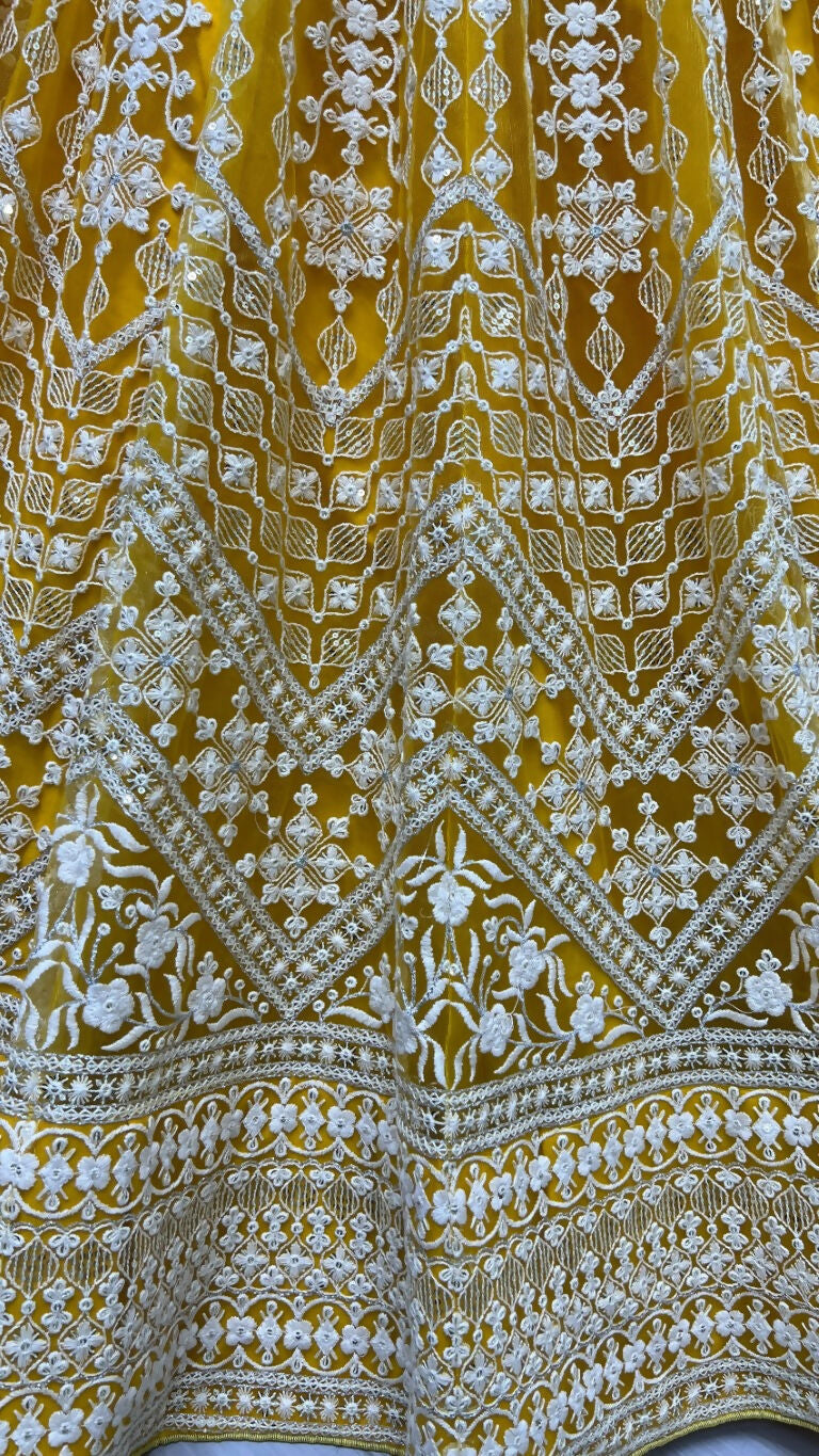 Jyoti Fashion Women's Yellow Net Patterned Thread Embroidered with Sequins Wedding Lehenga Choli | Grocsy