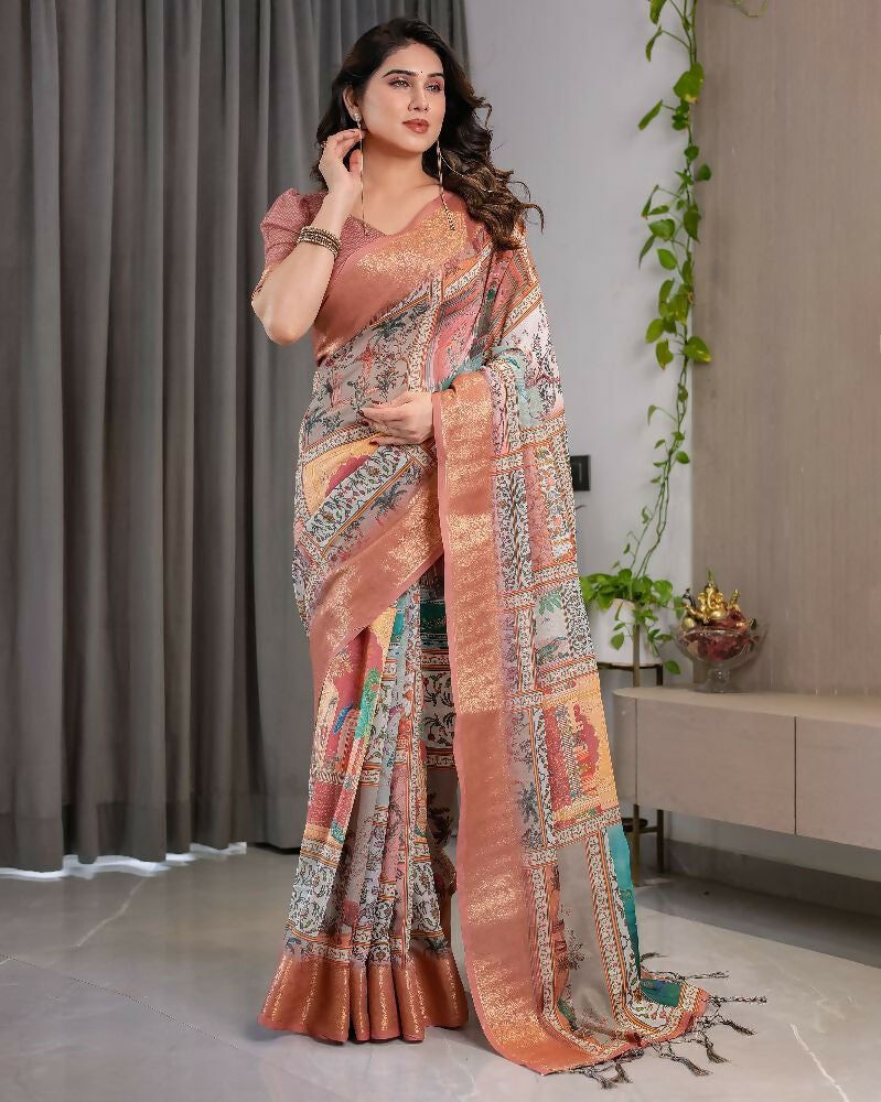PR Fashion Peach Pure Handloom Linen Saree | Grocsy