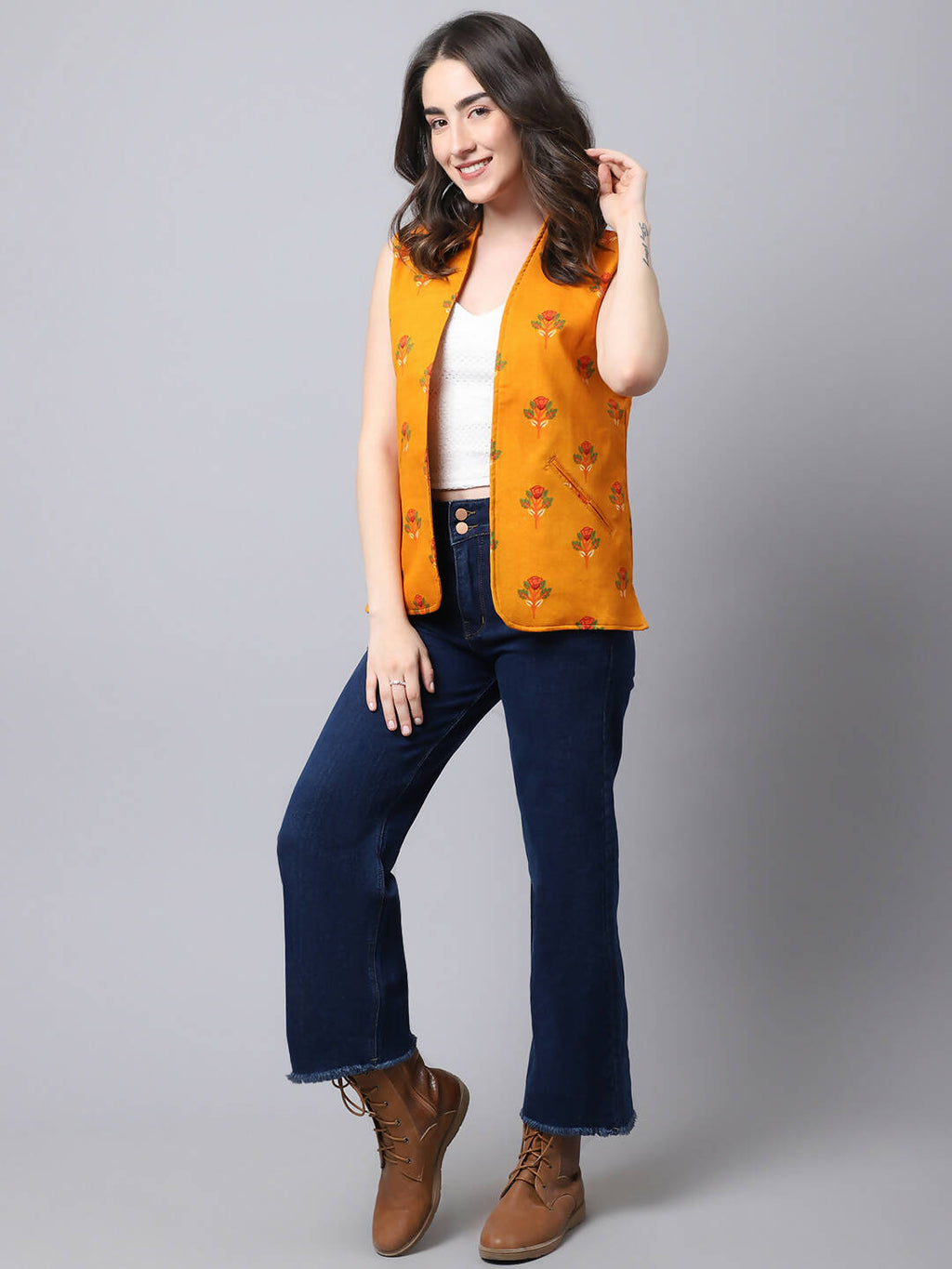 Even Apparels Yellow 100% Viscose Rayon Open Front Gillet (BF009) | Grocsy