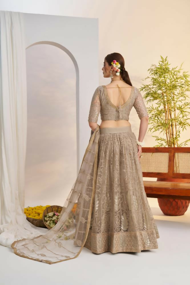 Aastha Fashion Metallic Gray Butterfly Net Tone To Tone Cotton Thread Work And Sequence Work Embroidery Wedding Wear Lehenga Choli | Grocsy