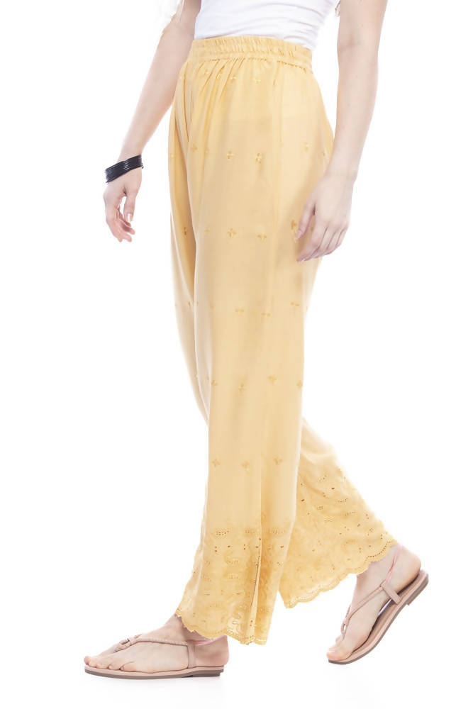 Mominos Fashion Reyon Cotton Dark Golden Embroidery Chikan Palazzo | Grocsy