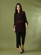 Myshka Women's Coffee Brown Solid Georgette Longline Party Sheer Tunic | Grocsy
