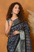Very Much Indian Modal Silk Ajrakh Handblock Printed Natural Dyes With Designer Border Saree - Black | Grocsy