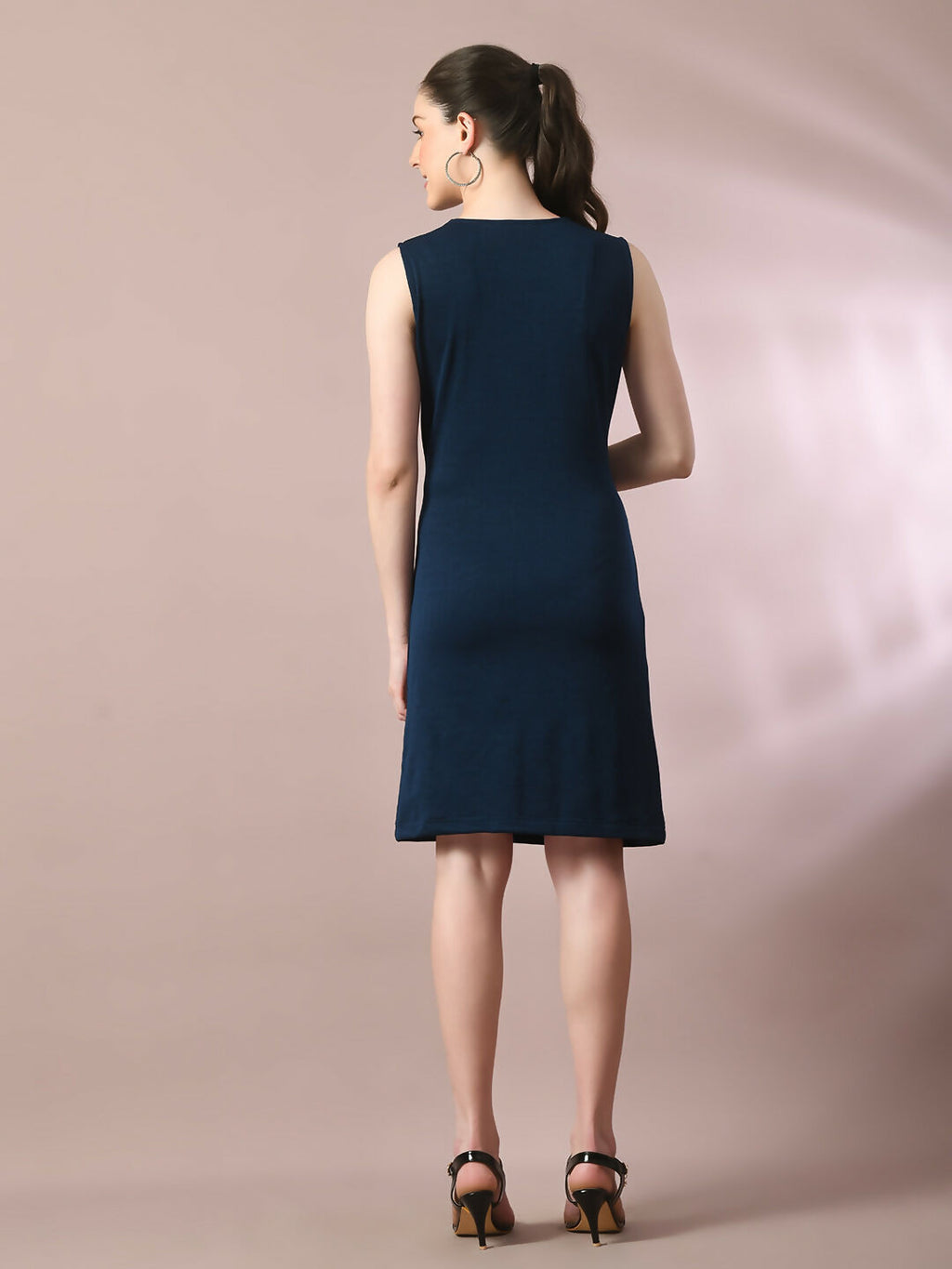 Myshka Women's Navy Blue Solid Cowl Neck Bodycon Party Dress | Grocsy