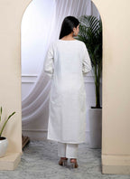 Miravan Women's White Cotton Thread Work Embroidered And Mirror Work Straight Kurta Palazzo With Dupatta Set | Grocsy
