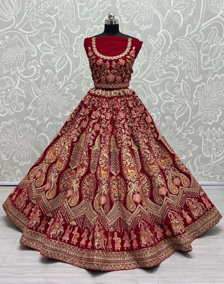 Jyoti Fashion Women's Rani Pink Velvet Multi Thread Embroidered with Zircon Diamond Work Wedding Lehenga Choli | Grocsy