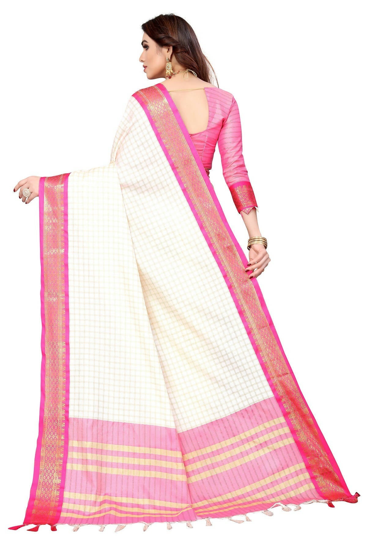 Vamika Weaving White Cotton Silk Saree (DEVAL PINK) | Grocsy