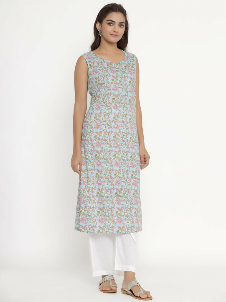Miravan Women's Pure Cotton Floral Printed Sleeveless Straight Kurta | Grocsy