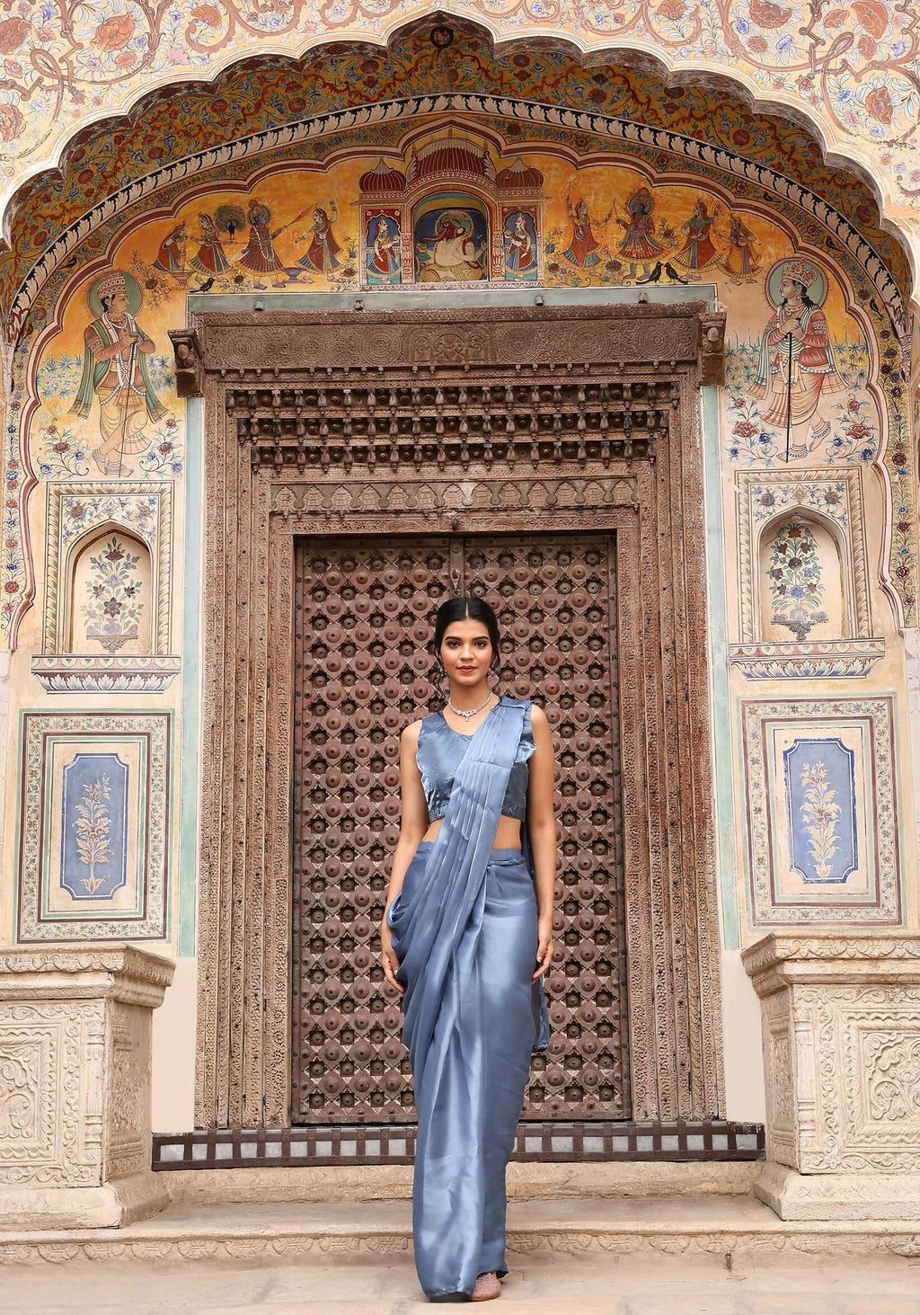 Sky Blue Tom Silk Plain Ready To Wear Saree With Stitched Blouse - Satiksha | Grocsy