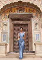 Sky Blue Tom Silk Plain Ready To Wear Saree With Stitched Blouse - Satiksha | Grocsy