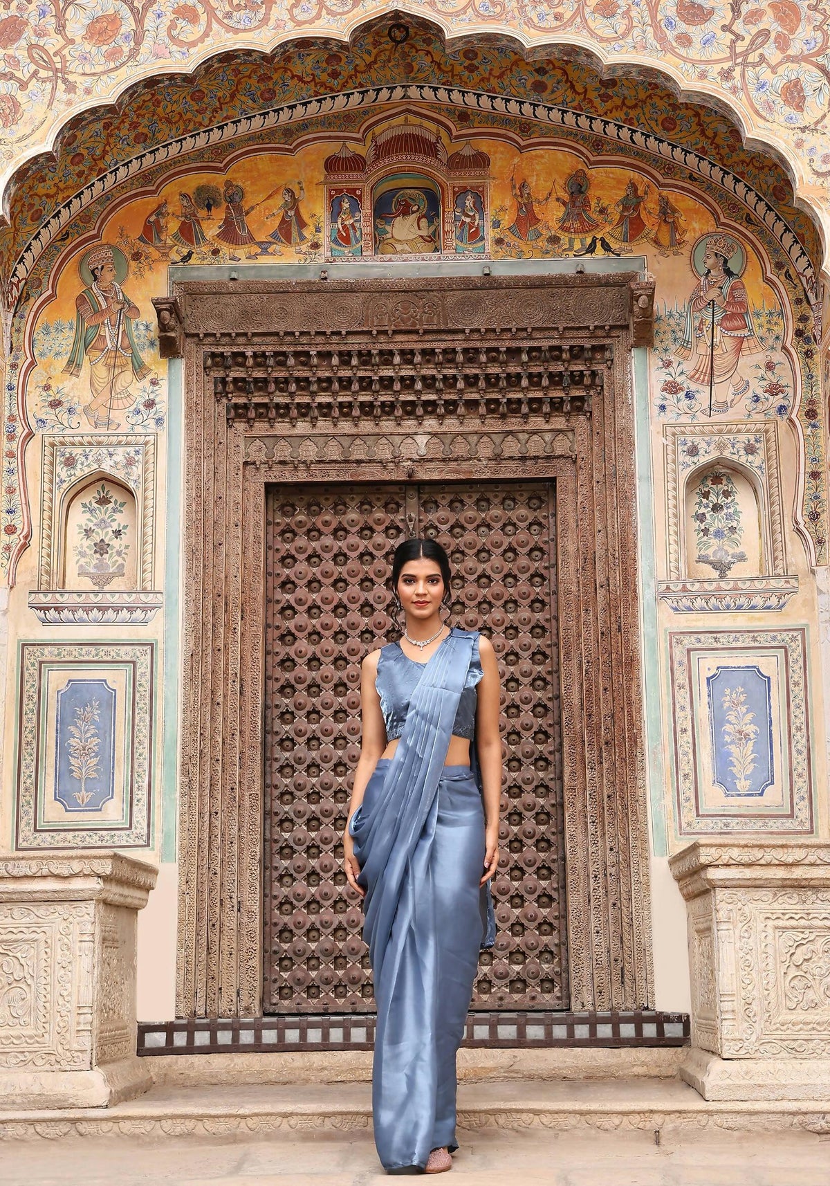 Sky Blue Tom Silk Plain Ready To Wear Saree With Stitched Blouse - Satiksha | Grocsy