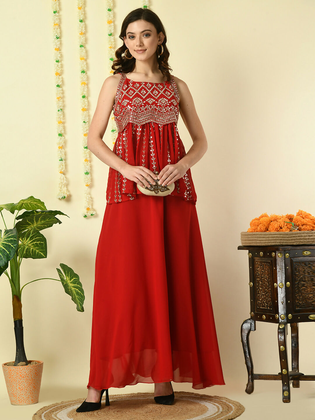 Myshka Women's Red Georgette Top With Skirt Party Sets | Grocsy