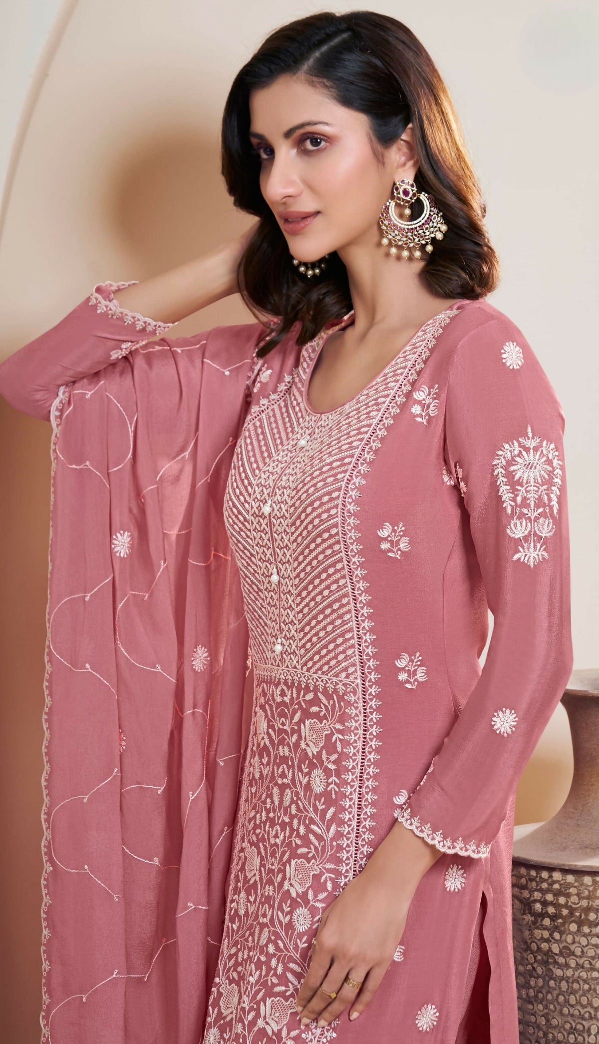 Anaita Pink Chinon Embroidered Thread Work Stitched Salwar Suit | Grocsy