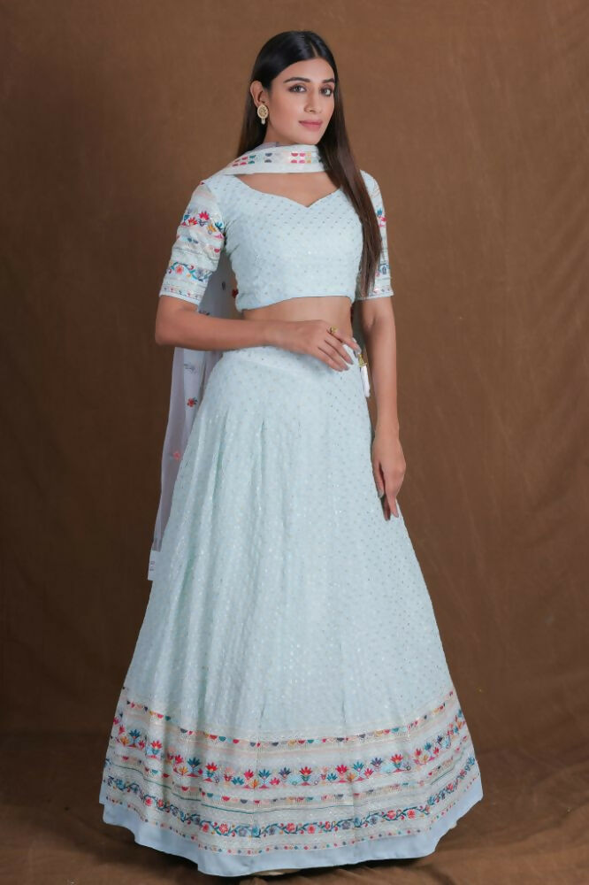 Skyblue Georgette Multicolor Thread Embroidery Work Lehenga Choli - Jihu Culture | Grocsy