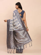 Shree Shyam Fashion Linen Cotton Navy Blue Saree | Grocsy