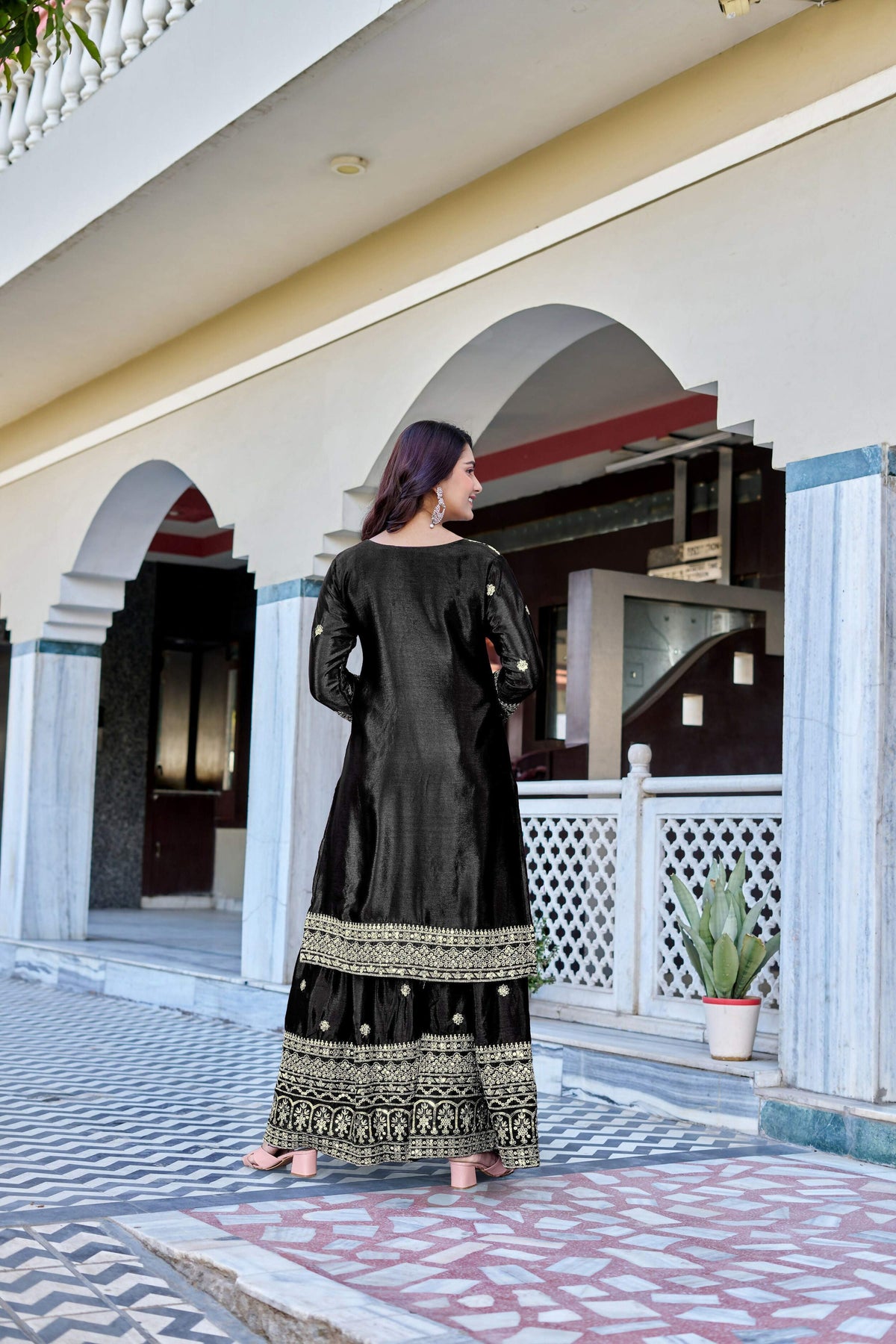 Teeya Creation Black Color Chinon Silk Heavy Embroidery Work Wedding Wear Sharara | Grocsy