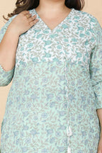 Miravan Women's Plus Size Green Floral Printed Cotton Kurta With Palazzo Set | Grocsy